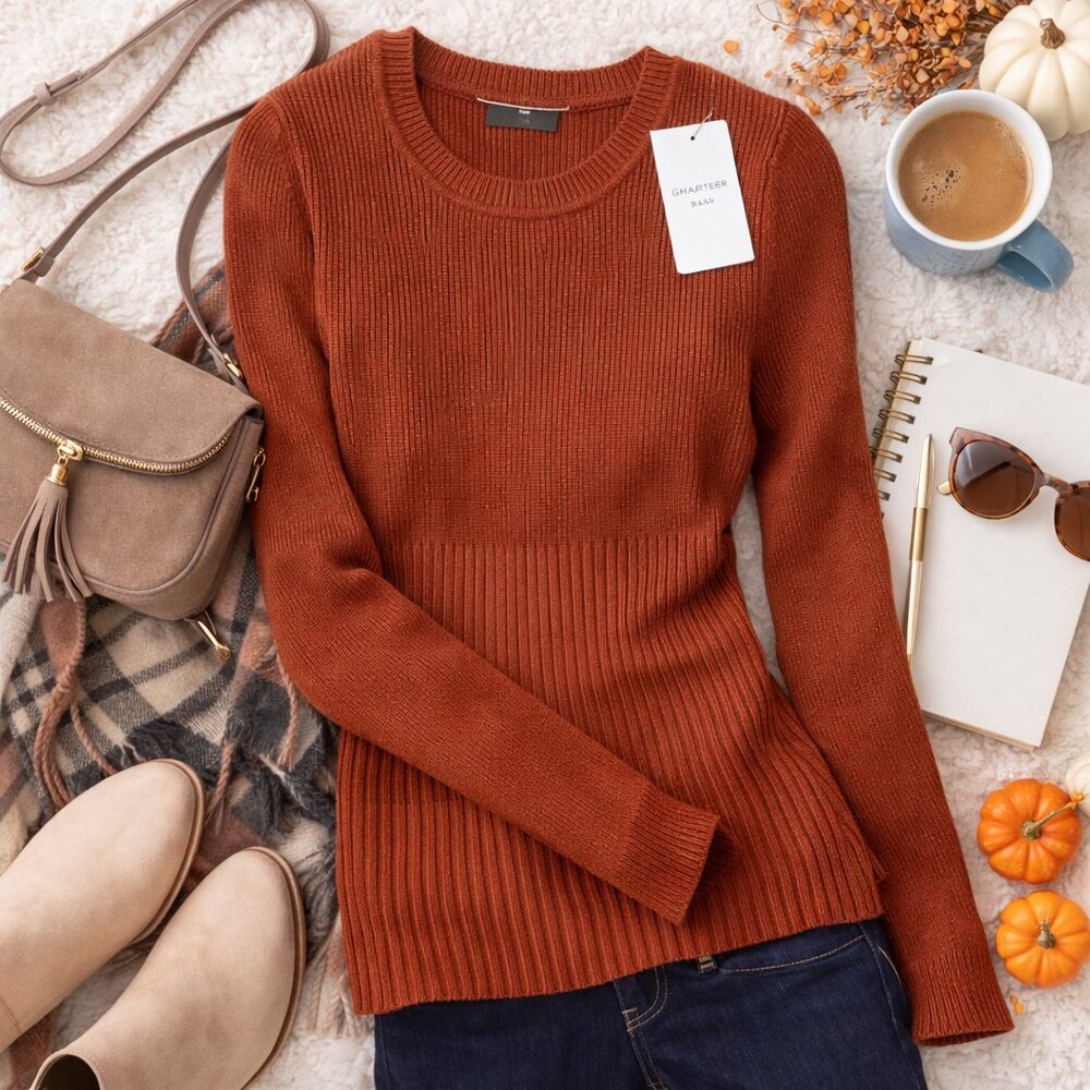 INC Ribbed Crewneck Sweater Large NWT Copper Penny Slim Fit Knit Top Fall - Picture 2 of 4